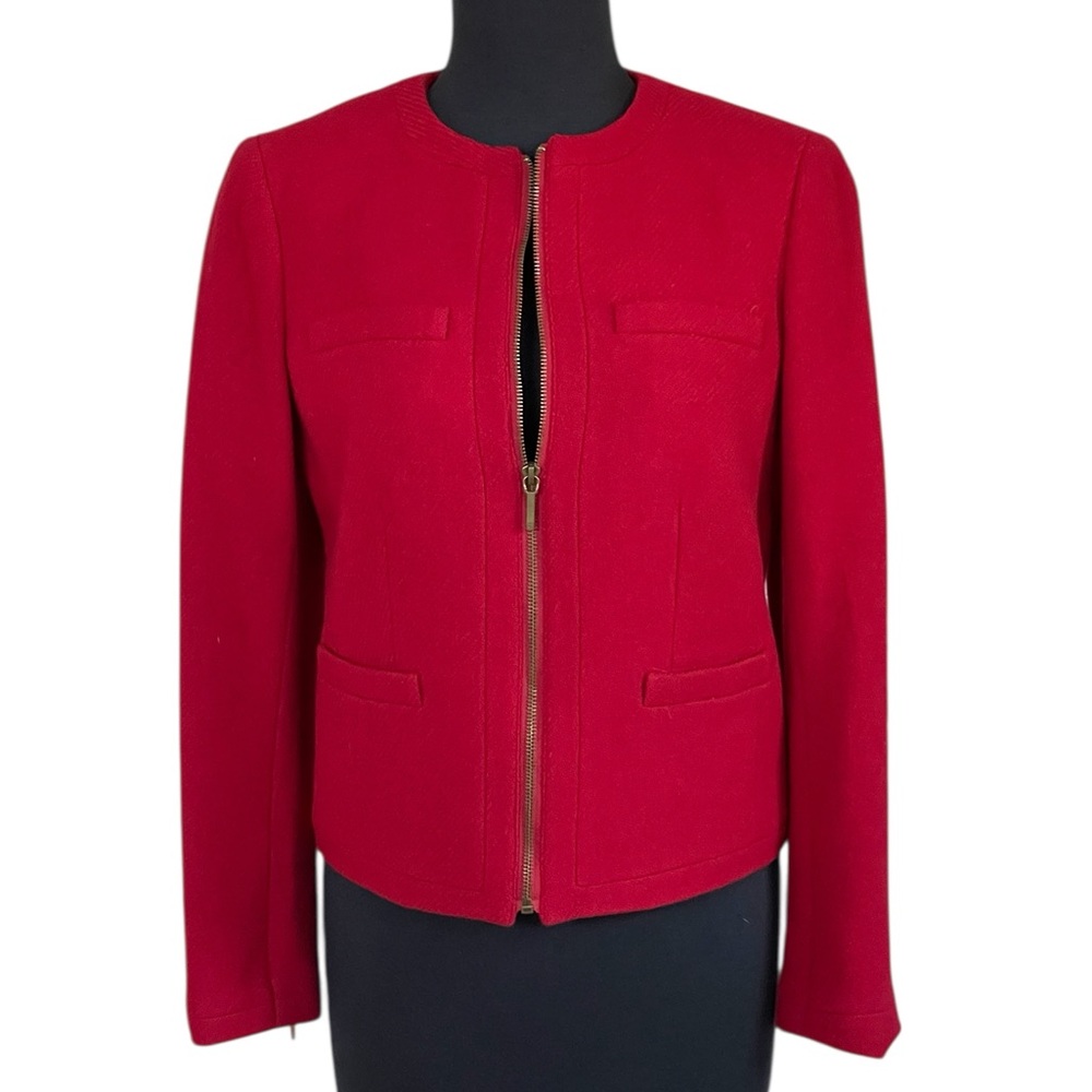 Lauren Ralph Lauren Red Wool Blend Women's Blazer Sz 4 Zipper Jacket Collarless